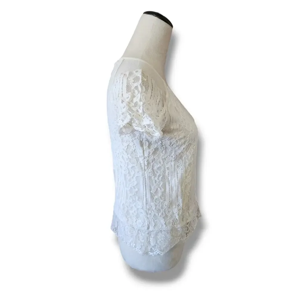 Express Lace Short Sleeve Blouse Late 2000s Y2K Keyhole Back - Picture 3 of 4